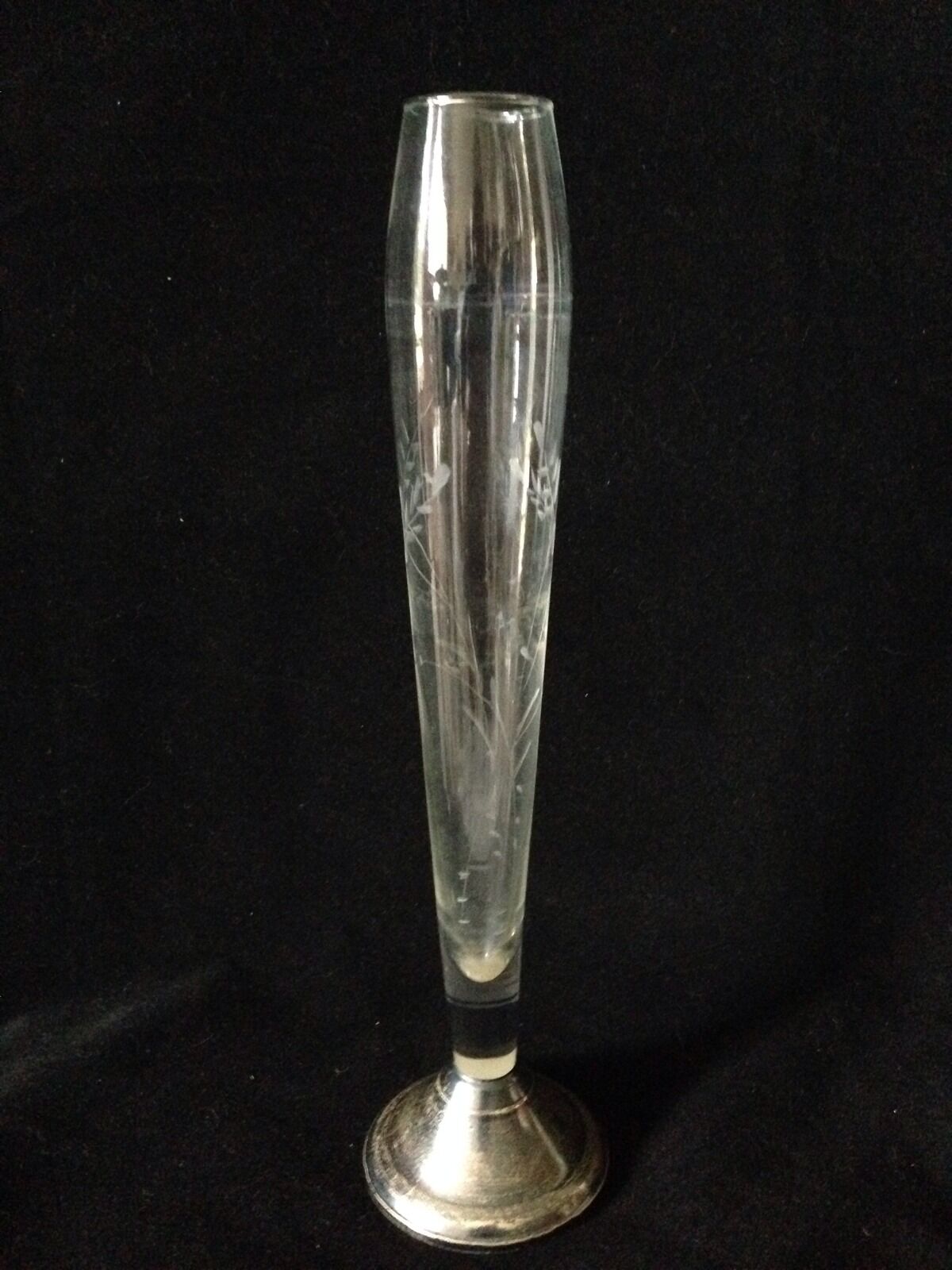 Vintage Engraved Cut Glass Bud Vase W/ "duchin" Sterling Silver Weighted Base !
