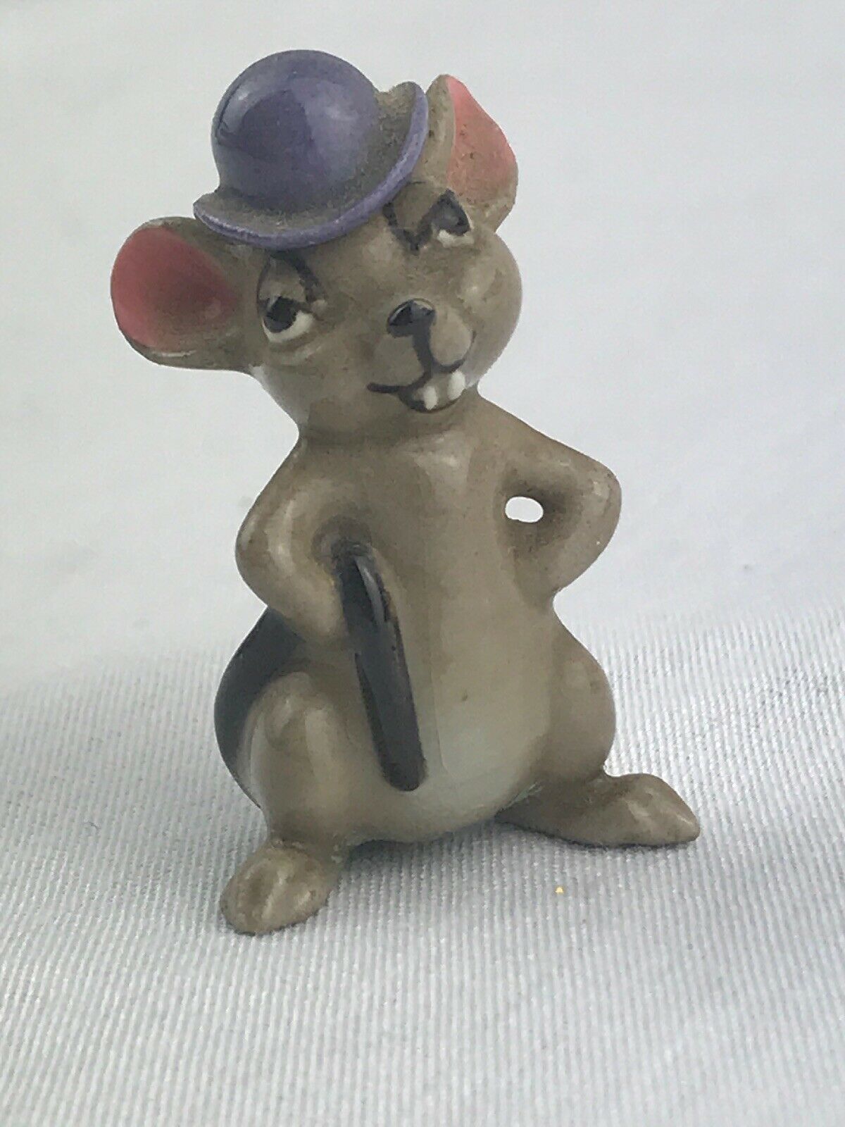 Miniature Ceramic Mouse In Purple Bowler Hat Figurine 1”h