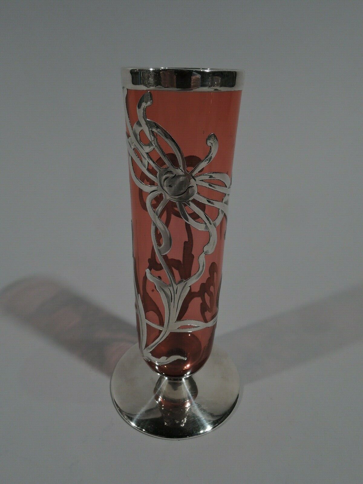 Antique Vase - Art Nouveau Small Bud - American Red Glass & Silver Overlay