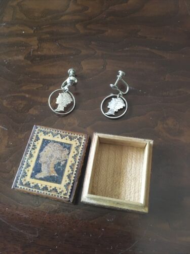 Vintage Cut Out Mercury Dime Ear Rings In Miniature Inlaid Wooden Box