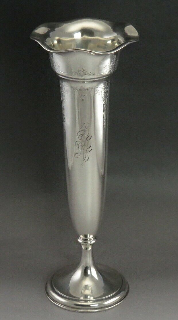 Antique Large Sterling Silver International Hand Engraved Trumpet Vase