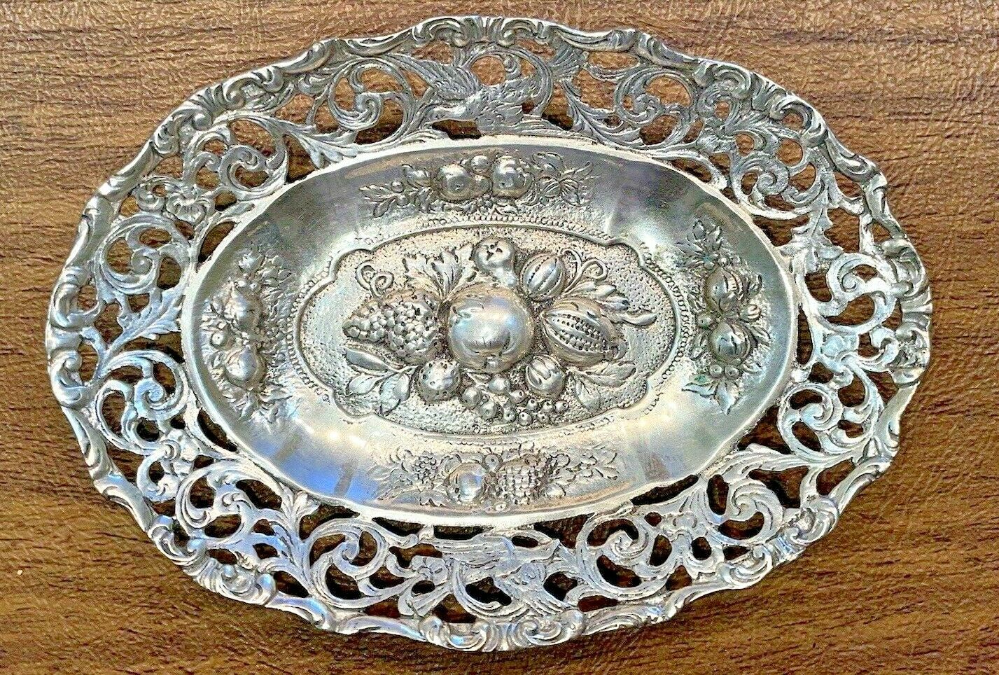 German Silver Small Cornucopia Plate 835 Antique Highly Detailed Punched Chased!
