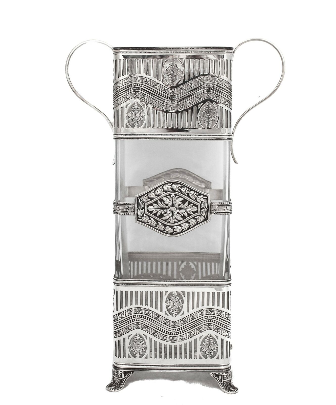 Topazio 925 Sterling Silver & Crystal Square Ornate Flower Vase & Handles