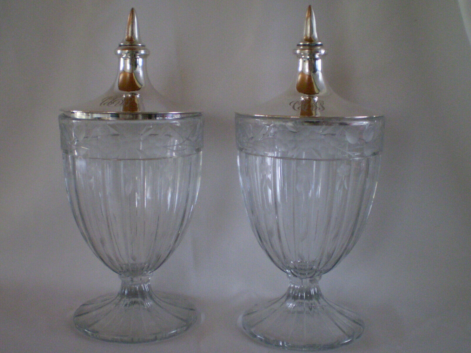 Pair Heisey  Etched Glass Urns  Or Jars With Sterling Lids