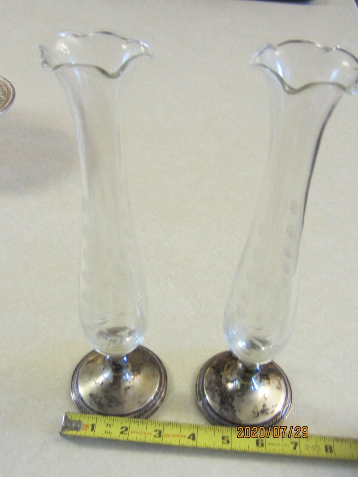 Pair - Set Vintage F.b. Rogers Sterling Silver Weighted Etched Glass Bud Vases